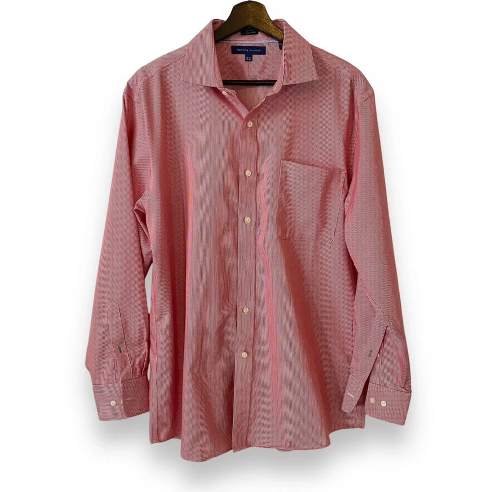 NWT Tommy Hilfiger Slim Fit Red and White PinStriped Button Down 16.5 neck